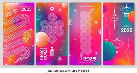 Chinese New Year  vector design cards. 2025 year of the Snake. Lunar new year concept. Geometric modern vector with abstract forms, gradients, snakes. Design for calendar, cover, flyer.