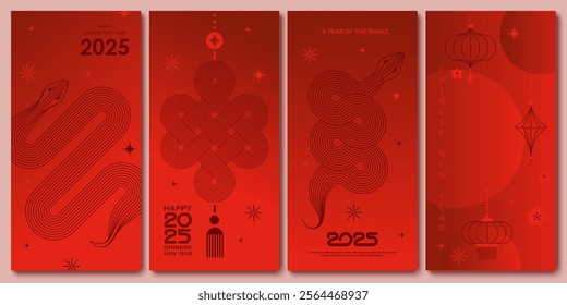 Chinese New Year  vector design cards. 2025 year of the Snake. Lunar new year concept. Geometric modern vector with abstract forms, gradients, snakes. Design for calendar, cover, flyer.