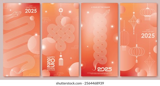 Chinese New Year  vector design cards. 2025 year of the Snake. Lunar new year concept. Geometric modern vector with abstract forms, gradients, snakes. Design for calendar, cover, flyer.