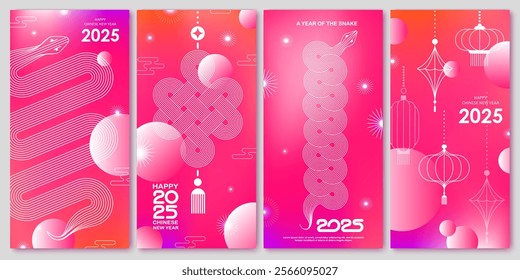 Chinese New Year  vector design cards. 2025 year of the Snake. Lunar new year concept. Geometric modern vector with abstract forms, gradients, snakes. Design for calendar, cover, flyer.