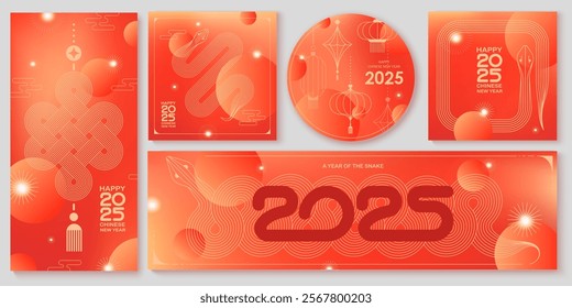 Chinese New Year  vector design cards. 2025 year of the Snake. Lunar new year concept. Geometric modern vector with abstract forms, gradients, snakes. Design for calendar, cover, flyer.