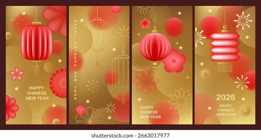 Tarjetas de diseño de Vector de año Nuevo chino.  Concepto de año nuevo lunar. Vector moderno geométrico con formas abstractas, linternas, Gradientes, flores, anteobras. Diseño para calendario, portada, volante. 
