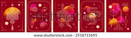 Chinese New Year  vector design cards. 2025 year of the Snake. Lunar new year concept. Geometric modern vector with abstract forms, gradients, snakes. Design for calendar, cover, flyer.