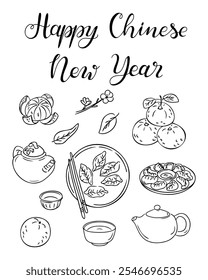 Chinese New Year vector doodle drawings of dumplings, tangerines, tea set, and blossoms with calligraphy text Happy Chinese New Year. Perfect for festive designs, greetings, and cultural celebrations