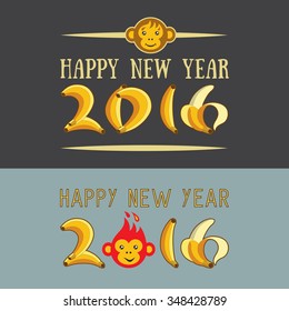 Chinese New Year vector flat illustration. Inscription: Happy New Year and figures, in the form of bananas and monkey head.