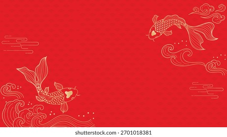 Quadro vetor de Ano Novo chinês com ouro koi peixe, nuvens e ondas decorativas no fundo vermelho — design festivo elegante para publicidade, embalagem e papel de parede.