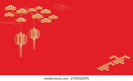 Chinese New Year vector frame with red lanterns, lotus flowers and golden ornaments — luxurious traditional design for festive greeting and advertisement.