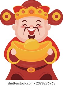 Chinese New Year vector, Chinese God of Wealth holds gold ingot