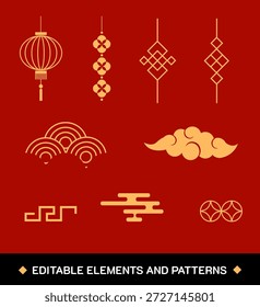 Elemento gráfico vetor chinês de Ano Novo e conjunto de padrões. Apresentando ícones dourados tradicionais em um fundo vermelho festivo, incluindo uma lanterna de papel, nós de sorte, nuvens orientais e bordas decorativas. Perfeito para convites de Ano Novo Lunar, marca de festival asiático, cartões de felicitações de férias e desenhos de bolso vermelho (hongbao).