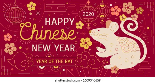 Chinese New Year vector greeting card template. Cute mouse, cartoon rat illustration on red background. Stylized oriental paper lanterns decorative elements. Asian winter holidays postcard design.