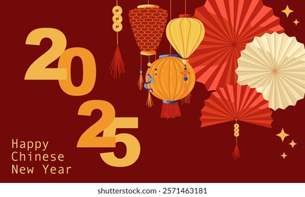 Chinese new year. Vector horizontal background. Festive gift card, banner, poster  template with hand drawn lanterns. Holiday banners, web poster, flyers and brochures, greeting cards, bright covers