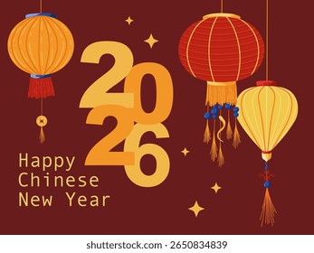 Chinese new year. Vector horizontal background. Festive gift card, banner, poster  template with hand drawn lanterns. Holiday banners, web poster, flyers and brochures, greeting cards, bright covers