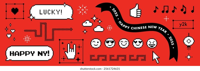 Chinese New Year vector icon set. Pixel art. 8 bit sticker pack. Snake, smile, speech bubble, music and cool badge element. Video game abstract elements. Y2k modern geometric shape for collage, poster