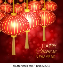 Chinese new year vector illustration with traditional lanterns on dark red bokeh background. Easy to edit template for your design projects. Can be used as greeting cards, invitations etc.