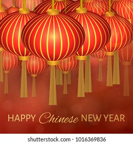 Chinese New Year vector illustration with lanterns on bokeh background. Easy to edit template for your design projects. Can be used as greeting cards, banners, invitations etc.