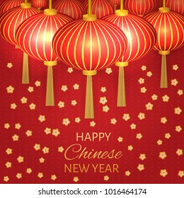Chinese new year vector illustration with traditional lanterns and cherry blossom. Easy to edit template for your design projects. Can be used as greeting cards, backgrounds, invitations etc.