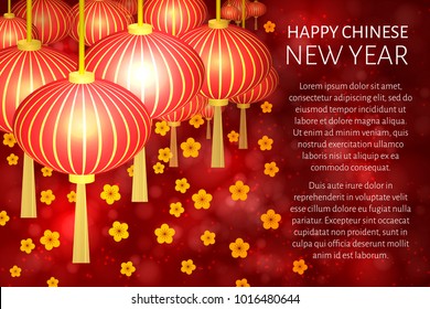 Chinese new year vector illustration with lanterns and cherry blossom on bright red bokeh background. Easy to edit design template. Can be used as greeting cards, banners, invitations etc.