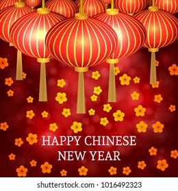 Chinese new year vector illustration with lanterns and cherry blossom on bright red bokeh background. Easy to edit design template. Can be used as greeting cards, banners, invitations etc.