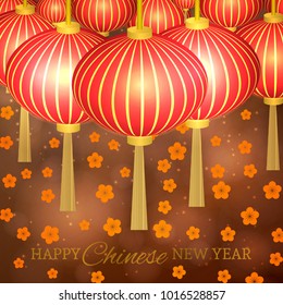 Chinese New Year vector illustration with lanterns and cherry blossom on bokeh background. Easy to edit design template for your artworks. Can be used as greeting cards, banners, invitations etc.
