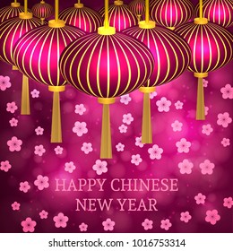 Chinese New Year vector illustration with lanterns and cherry blossom on bokeh background. Easy to edit design template for your artworks. Can be used as greeting cards, banners, invitations etc.