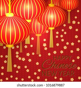 Ilustración vectorial china del año nuevo con farolillos tradicionales y flores de cerezo. Fácil editar plantilla para sus proyectos de diseño. Se puede utilizar como tarjetas de felicitación, fondos, invitaciones, etc.