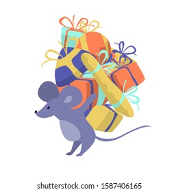 Chinese new year vector illustration of mouse with many gifts. Year of metall rat. Zodiac sign calendar illustration.