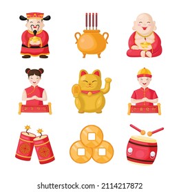 Chinese New Year Vector Illustration. include baby buddha, Chinese God of Wealth, lucky cat, gong xi fa cai chinese word,  xin nian kuai le chinese word