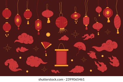 Ilustración vectorial de Año Nuevo chino, conjunto de elementos de decoración asiática, linternas de papel colgantes colección de adornos festivos, agrupamiento de iconos de nubes orientales