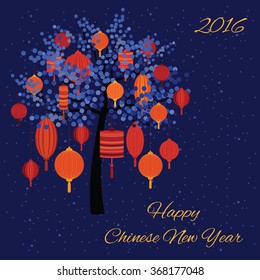 Chinese new year / vector illustration / chinese lanterns and tree