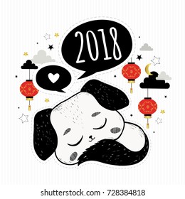 Chinese New Year. Vector illustration with hand drawn  puppy, decorative clouds and chinese traditional lanterns. Symbol of 2018. Dog.