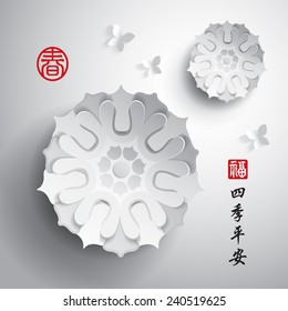 Chinesisches Neujahr. Vektorpapier Graphic of Blossom. Übersetzung von Stempel: Segen, Frühling. Übersetzung der Kalligrafie: Ruhige Jahreszeiten.
