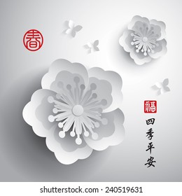 Chinese New Year. Vector Paper Graphic of Plum Blossom. Translation of Stamp: Blessing, Spring. Translation of Calligraphy: Peaceful seasons.