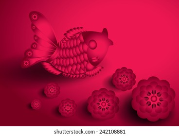 Chinese New Year. Vector Paper Graphic fish and Lotus red color. 