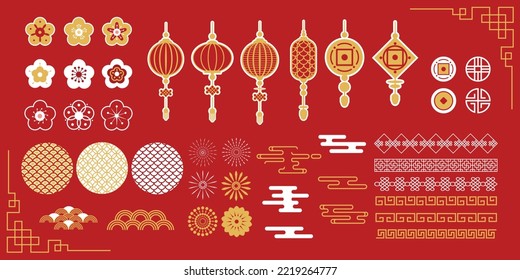 Chinese New Year Vector Patterns ,Illustration Set, A set of traditional  China festival , Red and Gold Ornaments, Lunar year decorations, flowers, lanterns, clouds, elements and icons