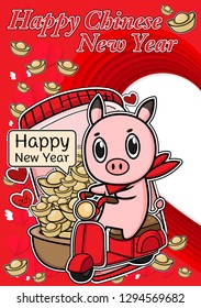 chinese new year vector piglet cute cartoon ,hand drawn illustration Pig riding on red motorcycle and china Gold ,Pink Pig vector heart card for Valentine day ,cute animal biker and red scarf.