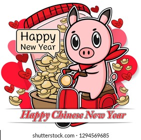 chinese new year vector piglet cute cartoon ,hand drawn illustration Pig riding on red motorcycle and china Gold ,Pink Pig vector heart card for Valentine day ,cute animal biker and red scarf.