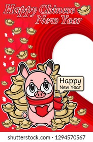 chinese new year vector piglet cute cartoon ,hand drawn illustration Piglet wearing glasses and china Gold ,Pink Pig vector heart card for Valentine day ,cute animal biker and red scarf.