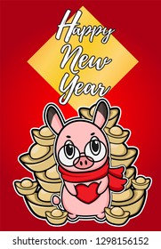 chinese new year vector piglet cute cartoon ,hand drawn illustration Piglet wearing glasses and china Gold ,Pink Pig vector heart card for Valentine day ,cute animal biker and red scarf. - Vector