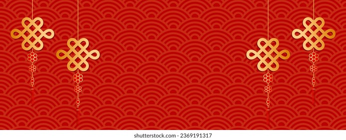 Textura de piel de la escala del dragón de fondo rojo vectorial del Año Nuevo chino con diseño de nudos chinos