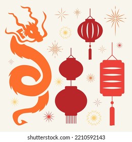Chinese New Year vector set. Dragon and lanterns silhouettes in warm red tones. Firework and stars icons. Oriental clipart isolated on white backdrop. Editable stroke.