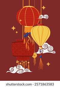 Chinese new year. Vector vertical background. Festive gift card, banner, poster  template with hand drawn lanterns. Holiday illustration for web poster, flyers and brochures, greeting cards, covers