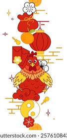 Vetor ano novo chinês vertical sem emenda borda. 2029 ano de galo lanterna lunar festival mascote. Ásia oriental tradicional ornamento, quadro e borda. Ilustração de linha gráfica
