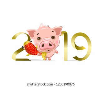 Chinese New Year vedctor design. Pig with carp symbol of success, numbers 2019