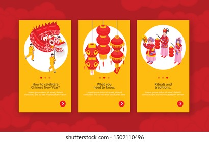 Chinese new year vertical banners with information about rituals decorated by holiday attributes isometric vector illustration 