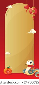 Chinese New Year vertical frame template with elegant snake, mandarins orange, Chinese lanterns, oriental clouds illustration, isolated background. Translation: lantern - Blessing, orange label - Full