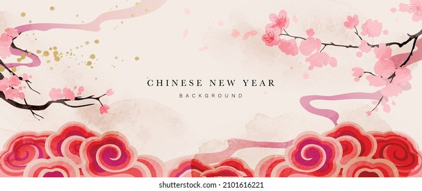 Chinese new year watercolor background vector. Oriental festive art design for place text and product images. Design for sale banner, cover and invitation.