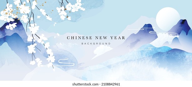 Chinese new year watercolor background vector. Oriental festive art design with flower and mountain watercolor for place text and product images. Design for sale banner, cover and invitation.