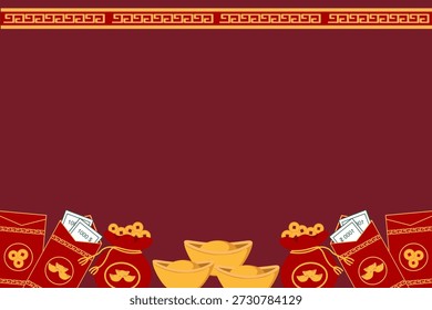Chinese New Year Wealth Background with Red Envelopes, Money Bags, and Gold Ingots