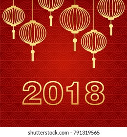 Chinese New Year winter holidays vector greeting card with traditional chinese lanterns and 2018 figures. Banner, poster template. Gold color signs on red textured background. Festival decoration card