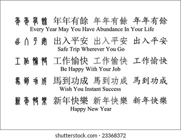 Chinese (New Year) wishes with English translation in 4 styles. First Style is the ancient Chinese calligraphy style